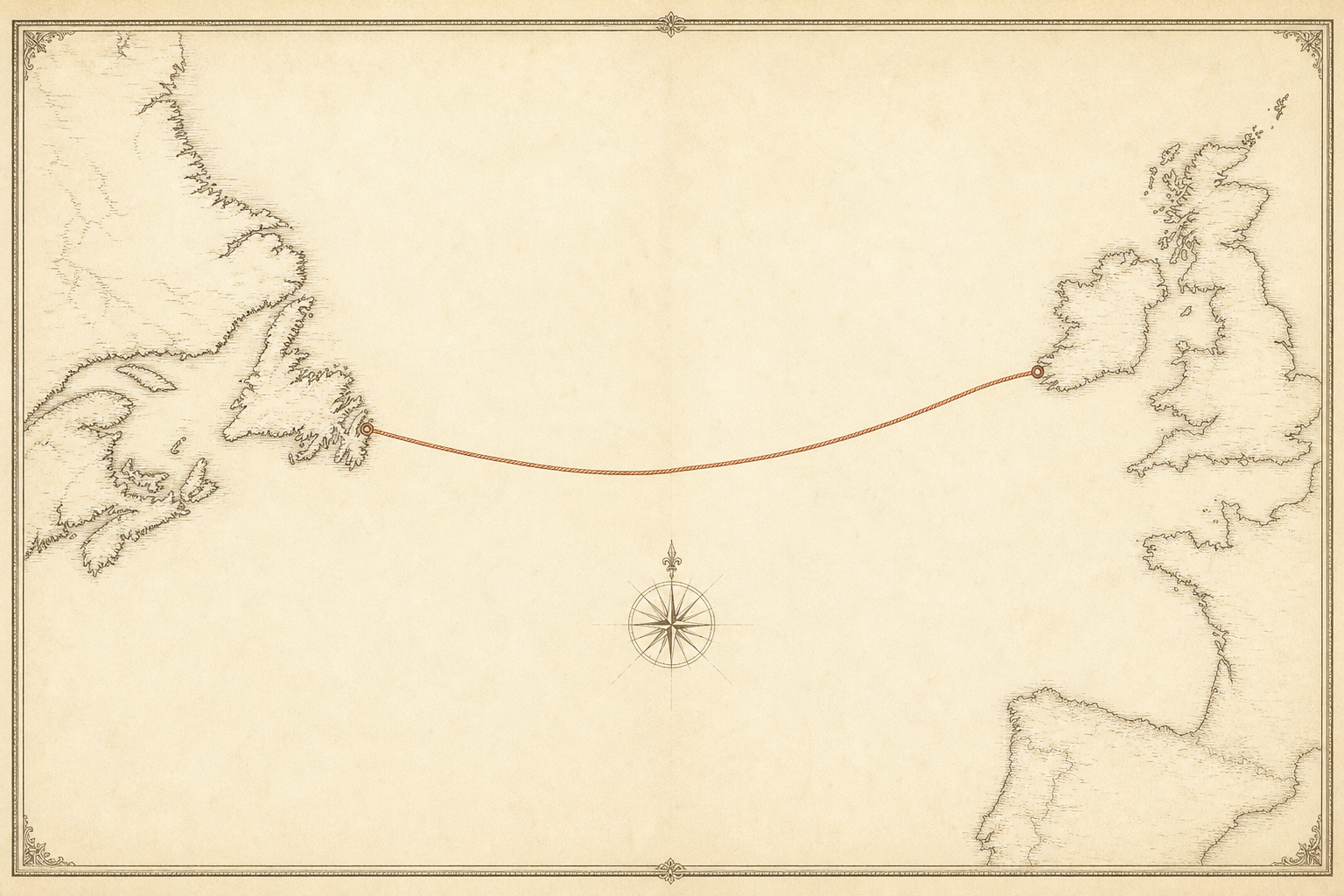 Map of the 1866 transatlantic telegraph cable from Valentia Island, County Kerry, Ireland to Heart’s Content, Trinity Bay, Newfoundland.