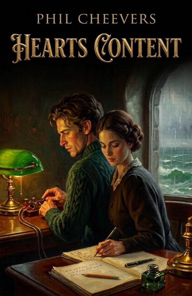 Cover of Hearts Content by Phil Cheevers: Silas at the telegraph key and Clara at the ledger, a storm outside the window.