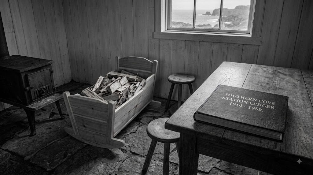 Black-and-white interior: a cradle full of firewood, a stove, and the Southern Cove station ledger, 1914–1959.
