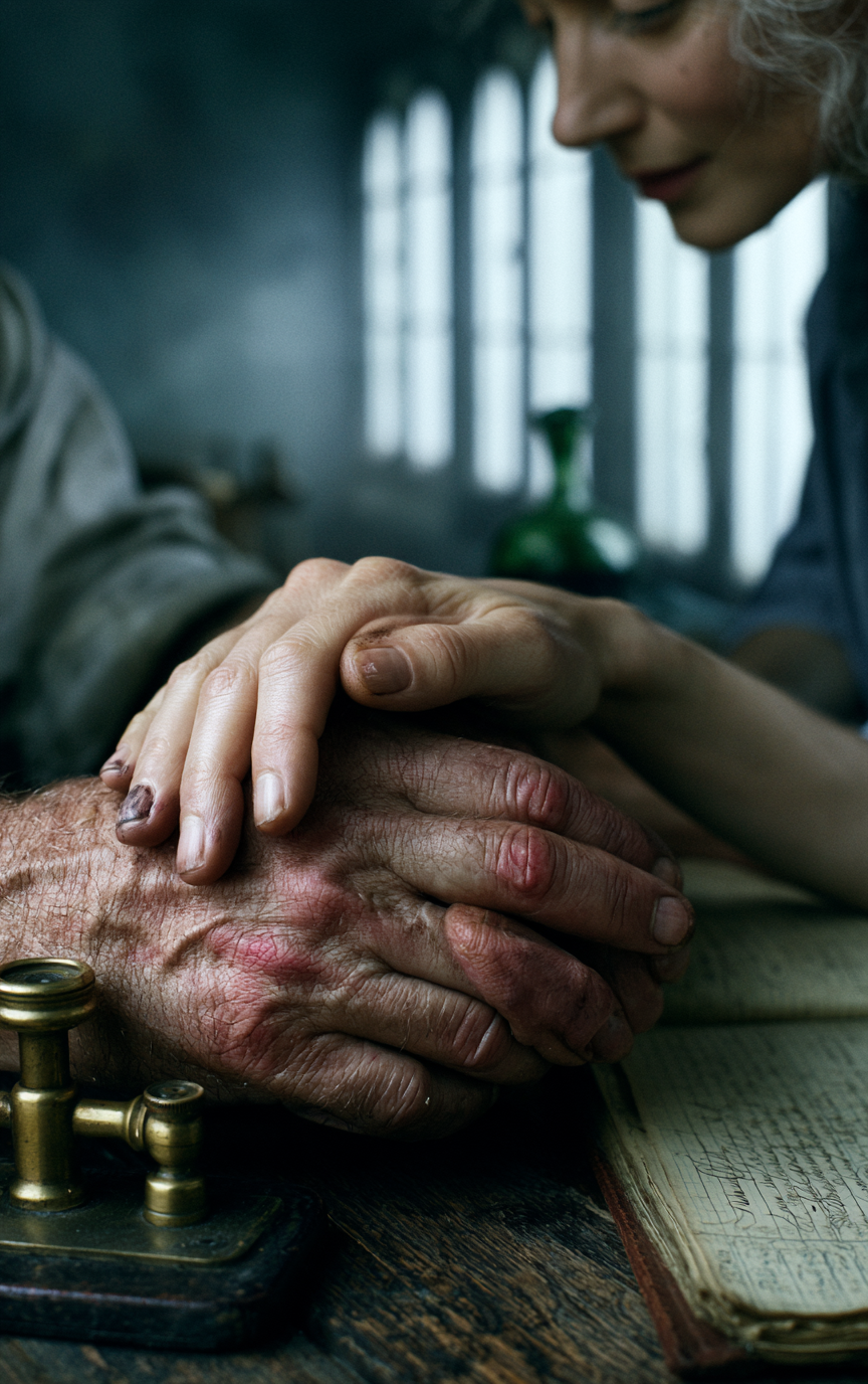Two hands together on the mahogany desk beside the ledger and the key.