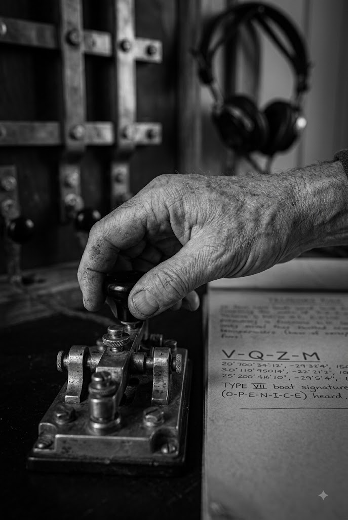 A weathered hand on the telegraph key. The log reads Type VII boat signature heard.