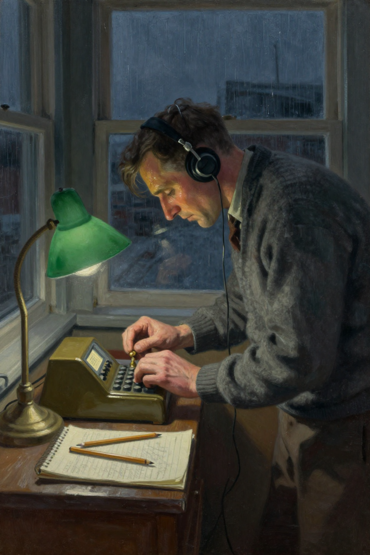 Silas at the key, four hours straight, headphones on, rain on the glass.