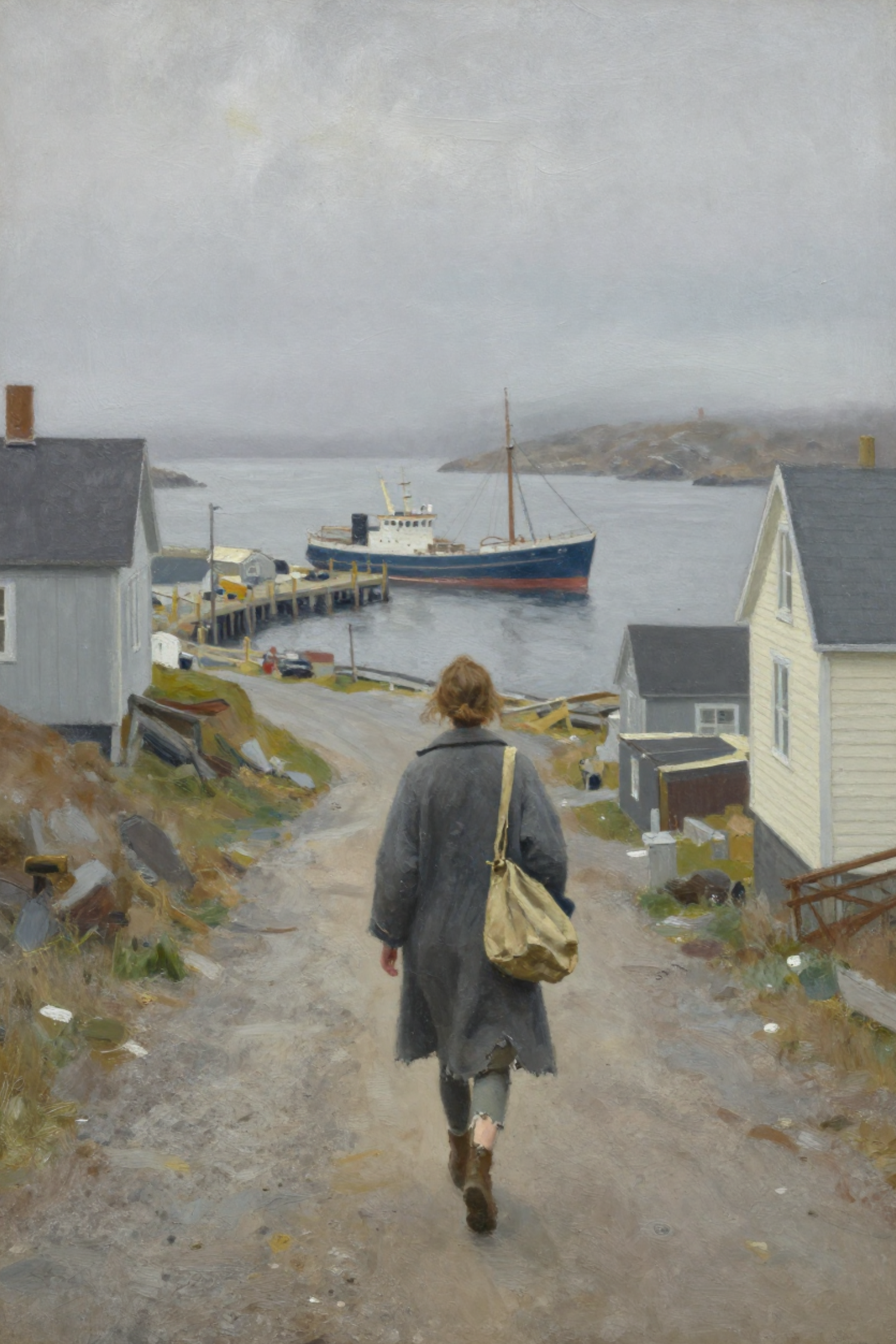 A lone figure walking a gravel street downhill toward a harbour, clapboard houses on either side. Mood of an outport town, not a photograph of Heart’s Content.